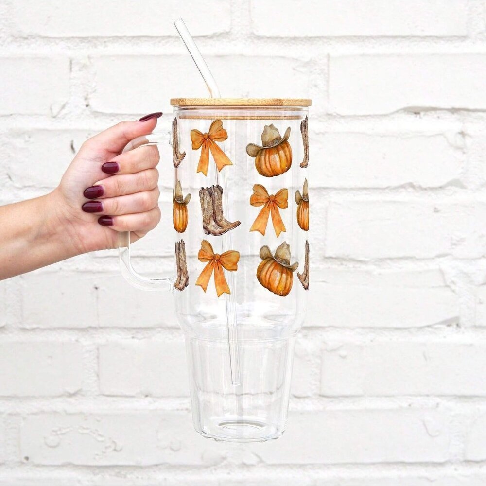 Cowboy Pumpkin 40oz Glass Tumbler, Western Fall 40oz Glass Tumbler, Pumpkin Cup